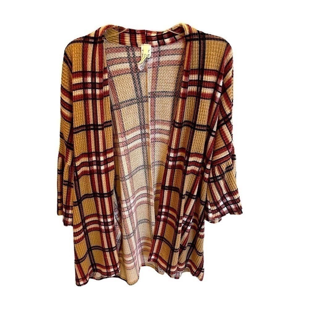 Crepas Women’s Y2K Plaid Cardigan Brown Red Flare Sleeve Size Small